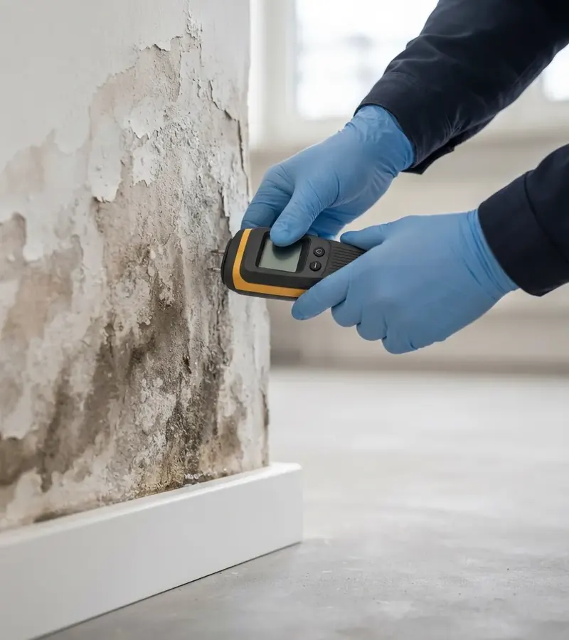 Técnico midiendo la humedad en la parte baja de una pared en Villacañas