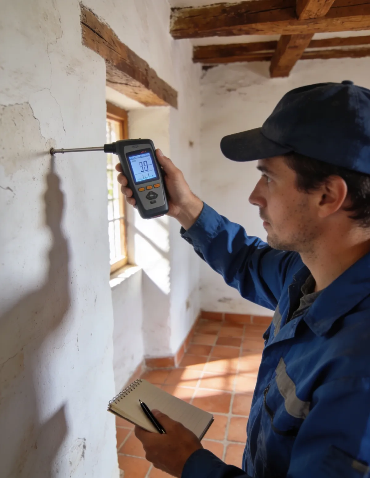 Técnico HUMIX midiendo la humedad de un muro antiguo en Villacañas